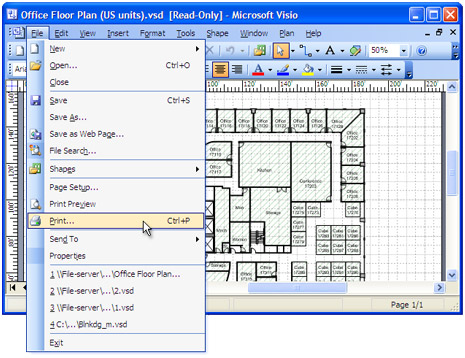 Open the drawing in Microsoft Visio and press File-Print... in application main menu.