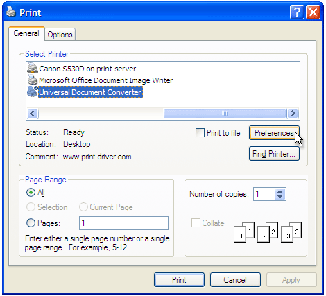 Select Universal Document Converter from the printers list and press Preferences button.