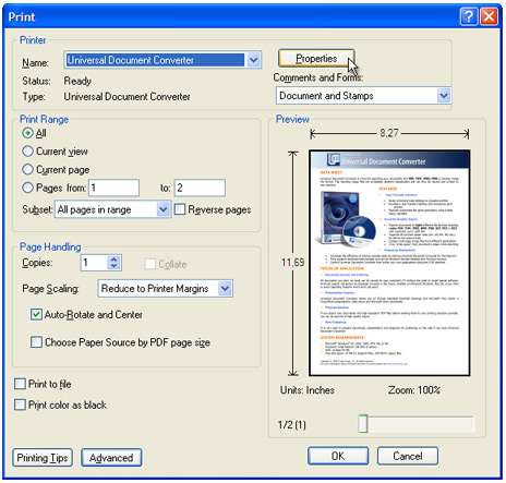 Select Universal Document Converter from the printers list and press Properties button.