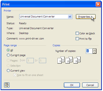 Select Universal Document Converter from the printers list and press Properties button.